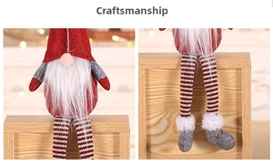 Detailed view of handmade Christmas gnome with striped legs and plush white beard texture