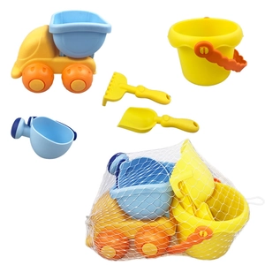 Summer kids soft rubber beach toy set with bucket, shovel and sand truck in mesh bag
