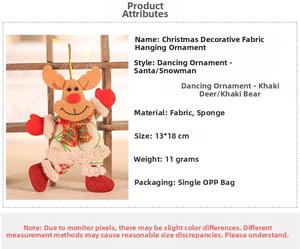 Detailed specs for Christmas tree fabric ornaments featuring Santa, Snowman, and Reindeer dolls
