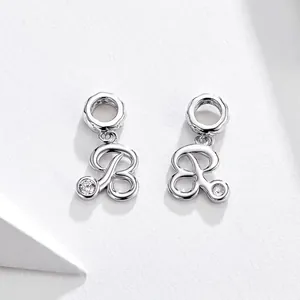 Polished 925 sterling silver alphabet letter B charm with sparkling zircon stone inlay