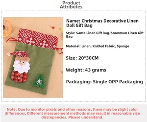 Detail of Christmas burlap gift bag with 3D Santa Claus doll and sequined tree, 20x30cm