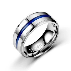 Polished silver titanium ring with blue enamel stripe inlay for men and women