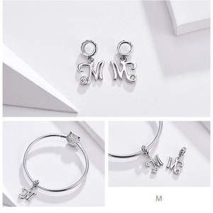 S925 sterling silver letter M charm pendant with cubic zirconia for DIY bracelets