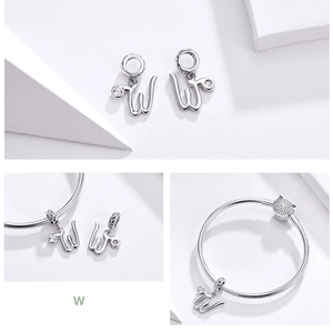 S925 sterling silver letter W charm pendant with sparkling zircon for DIY jewelry