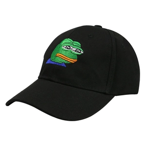 Black cotton baseball cap featuring detailed green frog embroidery in a 45-degree front view