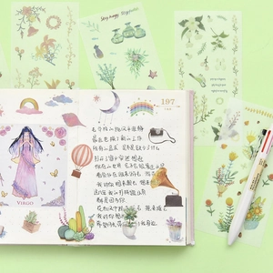 Cute aesthetic washi paper stickers with diary notebook and colorful ballpoint pen