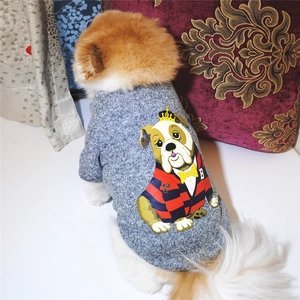 Close-up of grey dog fleece hoodie featuring a crowned bulldog print on the back