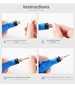 Detailed four-step guide for installing a metal drill bit on a blue electric nail file tool