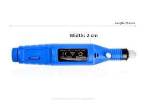 Blue portable electric nail file machine with size dimensions showing 15.8CM length
