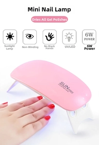 Close-up of foldable pink UV LED nail lamp showing SUNmini logo and 6W dual light source