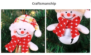 Detail of plush snowman Christmas tree ornaments with festive bells and plaid hats