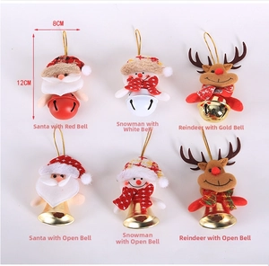 Detail of Christmas plush ornaments including Santa and Reindeer with festive bells, 8x12cm