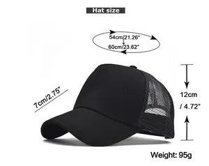 Guide des tailles détaillé pour casquette trucker en mesh noir avec dimensions