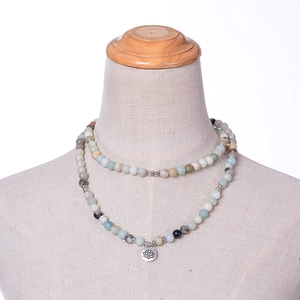 8mm Amazonite 108 Mala beads necklace with silver lotus pendant on mannequin