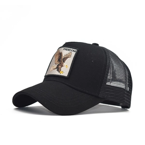Black cotton trucker hat with mesh back featuring a Freedom eagle embroidery patch