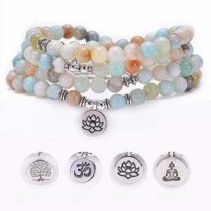 Amazonite 108 Mala beads bracelet with Lotus, OM, and Tree of Life charms