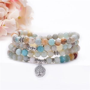 Detail of 108 Mala beads bracelet with natural Amazonite and Tree of Life pendant