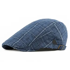 Béret vintage bleu à carreaux avec boucle métallique réglable pour homme et femme