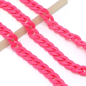 Detail shot of bright pink acrylic chain links on a book for glasses and masks