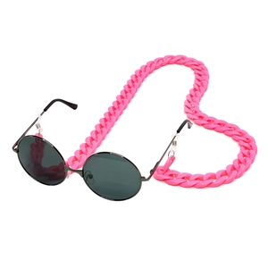 Pink heart-shaped acrylic chain linked to black round sunglasses on a white background