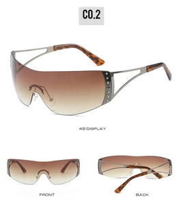 Three-view layout of Y2K rimless shield sunglasses with star rhinestones and gradient lenses