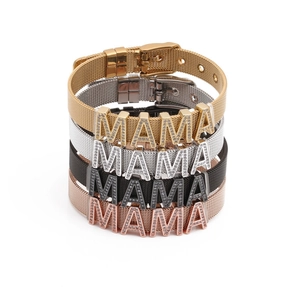 Adjustable stainless steel mesh bracelets with zircon MAMA letters in four metallic colors