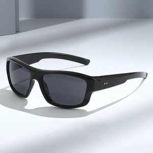 Y2K sporty black wrap sunglasses with silver rivets and dark polarized lenses