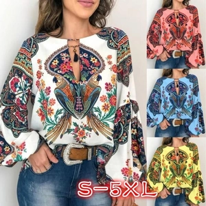 Blouse bohème pour femme avec imprimé floral, manches lanternes et pompons au col