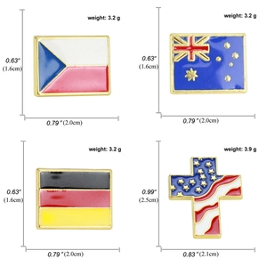 Zinc alloy flag lapel pins set showing dimensions and weight for USA, Germany and more