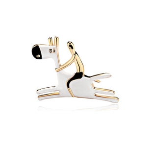 Detail of baroque enamel horse rider brooch with golden finish and pearl accents