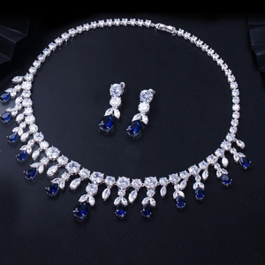 Parure de bijoux de luxe en argent avec pierres bleues en goutte et zircons AAA brillants