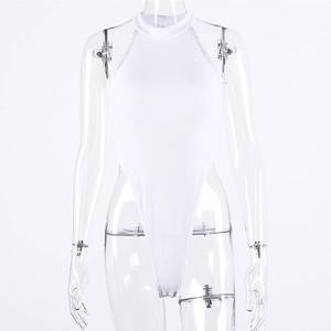Close-up of white ribbed knit sleeveless bodysuit featuring a sexy high-cut leg design