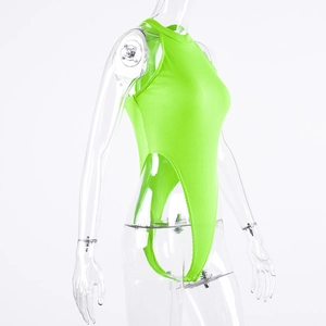 Detail of neon green ribbed bodysuit showing high-cut leg and textured fabric knit