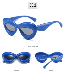 Détail de lunettes de soleil bleues en forme de lèvres avec vues avant, arrière et 45°