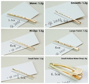 Detailed view of gold metal hair clips in various styles with size and weight specs