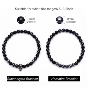 Set di bracciali in agata nera e ematite naturale con perline da 8mm da uomo