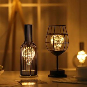 Nordic iron decorative lamps in wine bottle and goblet shapes with warm LED copper lights