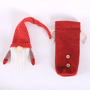 Christmas gnome wine bottle cover set with red knit polka dot hat and felt button bag