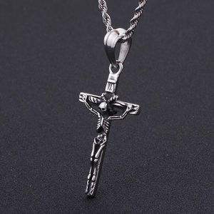 Gothic stainless steel cross pendant with skull skeleton design and twisted metal chain
