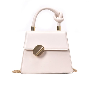 Minimalist white knotted handle trapezoid handbag with gold chain and metal clasp
