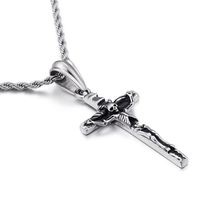 Vintage silver skull cross pendant necklace with stainless steel twist chain for men