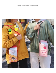 Creative milk box crossbody bag with orange and strawberry prints and slim shoulder strap