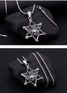Vue détaillée du pendentif hexagramme crâne en argent sur fond de roche noire