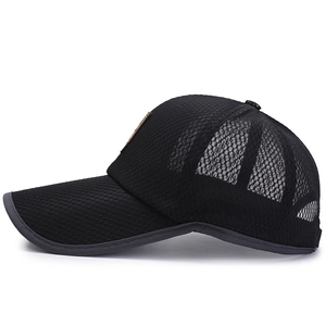 Men's black mesh baseball cap with curved brim and side leather patch for summer sun protection