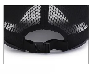 Detail of adjustable snapback closure on black breathable mesh baseball cap for men