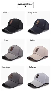 Detailed view of mesh baseball caps in six colors with leather patches and curved brims