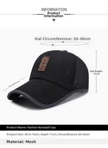 Detailed view of mesh baseball cap features including breathable fabric and size dimensions