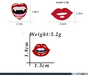 Detailed size and weight specifications for red enamel lip shaped brooches on white background