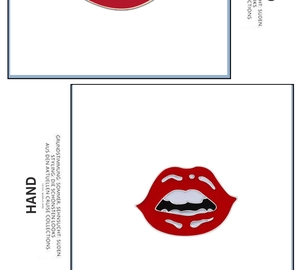 Detailed macro view of red enamel lip brooch with pop art teeth design and glossy finish