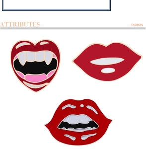 Detail view of creative red lip enamel pins featuring three unique expressive designs